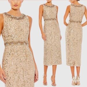 #25 NWT Mac Duggal Sz. 10 Embellished Sleeveless High Neck Midi Dress Gold